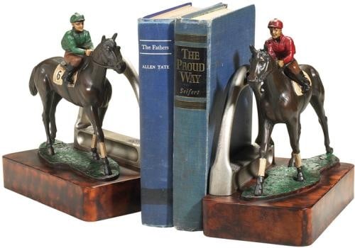 Hand-Painted Equestrian Horse Race Bookends Red Resin Lodge Style: Hand-Painted Equestrian Horse Race Bookends Red Resin Lodge Style This item is made at time of order. Please allow 42 to 70 days for production. Enhance your decor with these beautifully crafted hand-