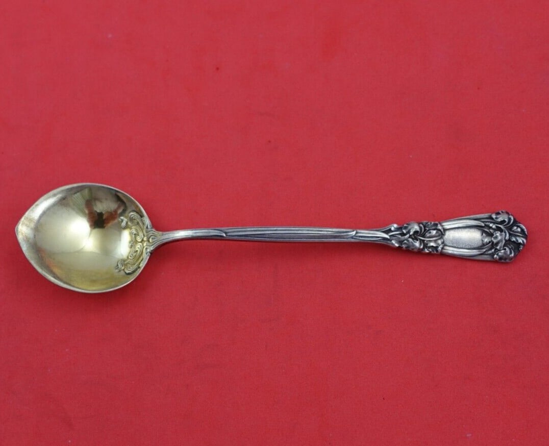 Durgin-Gorham Iris Sterling Silver Chocolate Spoon Gold Washed 5.5": Durgin-Gorham Iris Sterling Silver Chocolate Spoon Gold Washed 5.5" This exquisite chocolate spoon, part of the Iris pattern by Durgin-Gorham, showcases the elegance of early 20th century design. Craf