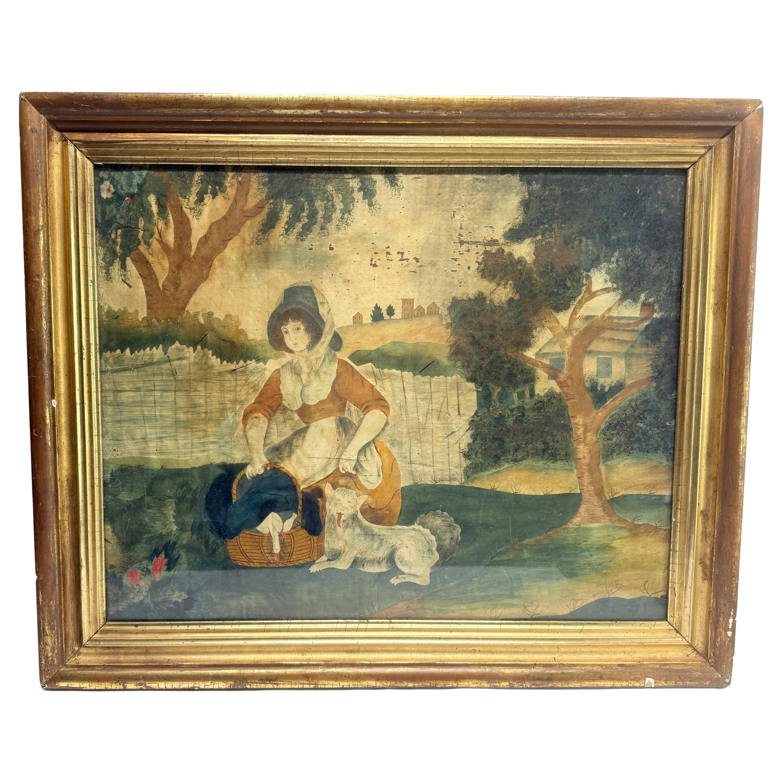 18th Century American Folk Art Watercolor on Silk with Giltwood Frame: 18th Century American Folk Art Watercolor on Silk with Giltwood Frame This exquisite watercolor on silk from the 18th century showcases an enchanting scene titled "Woman, Dog and Basket of Geese." Att