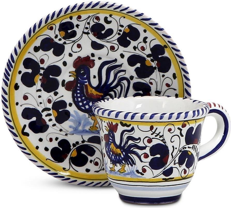 Handcrafted Deruta Style Espresso Set Orvieto Blue Rooster Ceramic: Handcrafted Deruta Style Espresso Set Orvieto Blue Rooster Ceramic Enjoy your espresso in style with this handcrafted Deruta Style Espresso Set. Inspired by the charm of traditional Italian ceramics,