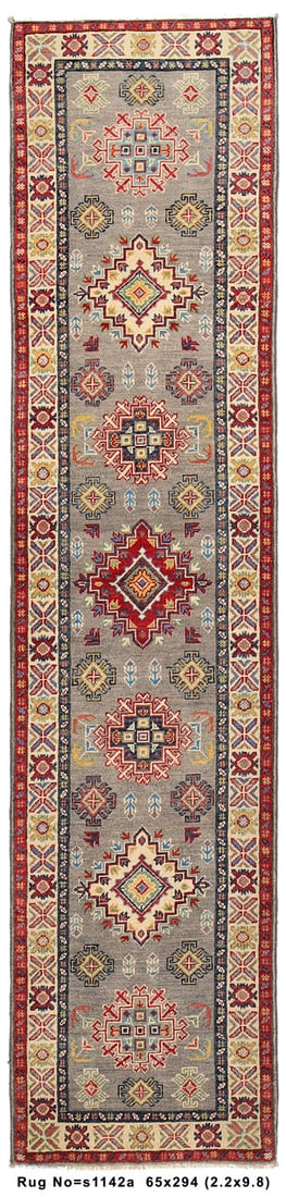 Handmade 2.2 x 9.8 Kazak Runner Rug Wool Geometric Patterns: Handmade 2.2 x 9.8 Kazak Runner Rug Wool Geometric Patterns Free continental US Shipping Introducing the Handmade Runner 2' x 10' Narrow Kazak Rug, a stunning fusion of traditional craftsmanship and t