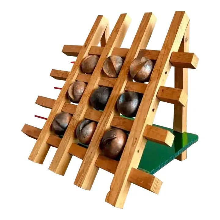 Abstract Wooden and Lucite Sculpture with Bronze Tone Spheres: Abstract Wooden and Lucite Sculpture with Bronze Tone Spheres This vintage Boho abstract sculpture features a hand-crafted wooden framework with intersecting slats, designed in an angled, easel-like s