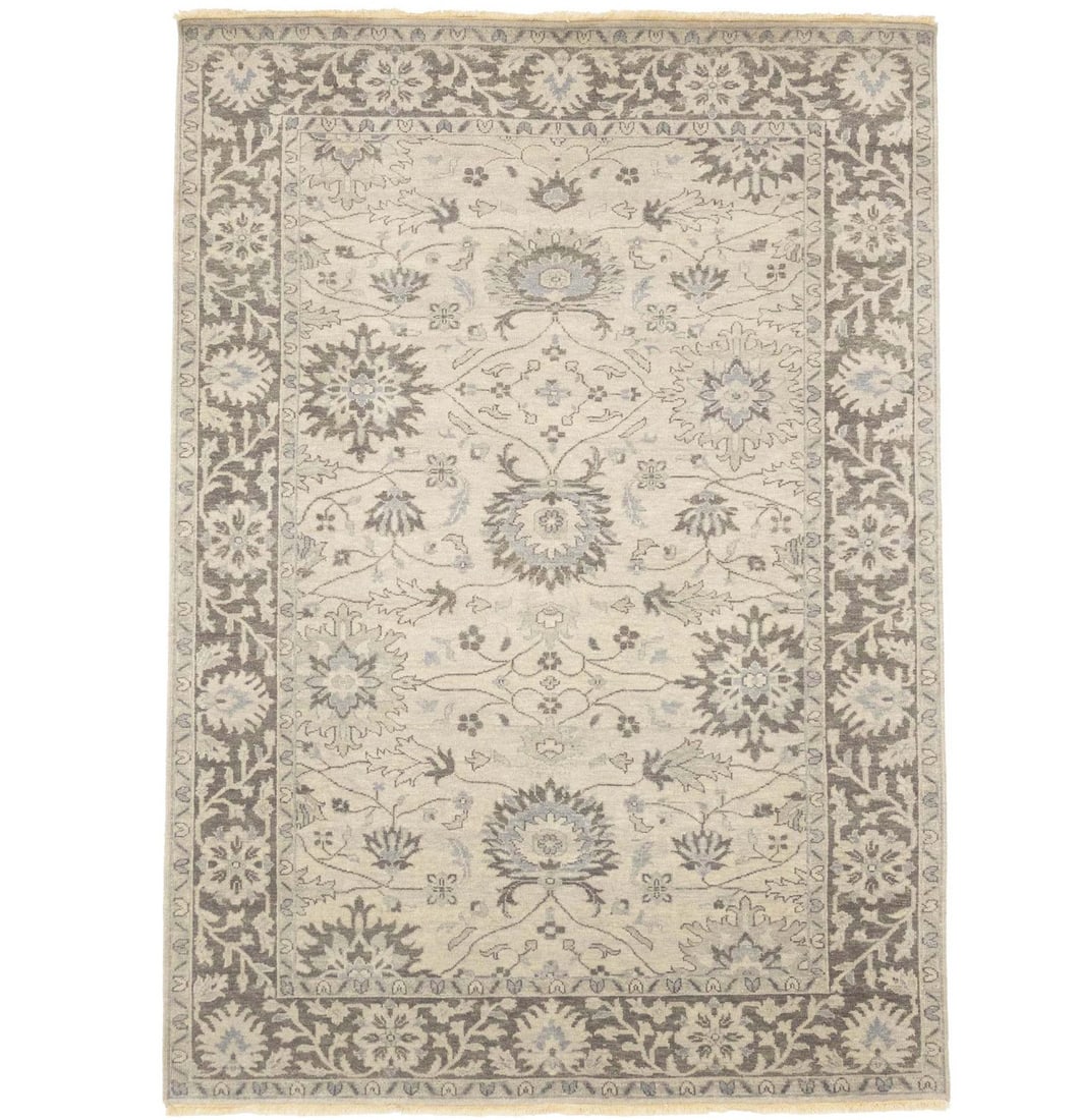 Hand-Knotted Wool Floral Chobi Rug 6'3 x 8'9 Ivory Modern Design: Hand-Knotted Wool Floral Chobi Rug 6'3 x 8'9 Ivory Modern Design Enhance your space with this stunning 6'3" x 8'9" wool Chobi Oriental rug featuring a beautiful floral design. Crafted in India using a