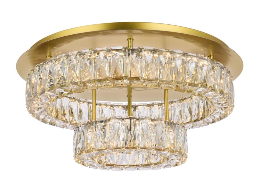 Monroe 22 Inch Gold LED Crystal Flush Mount Ceiling Chandelier with Two Tiers: Monroe 22 Inch Gold LED Crystal Flush Mount Ceiling Chandelier with Two Tiers This modern flush mount chandelier features a stunning two-tier design with royal cut clear crystal accents and a gold fin