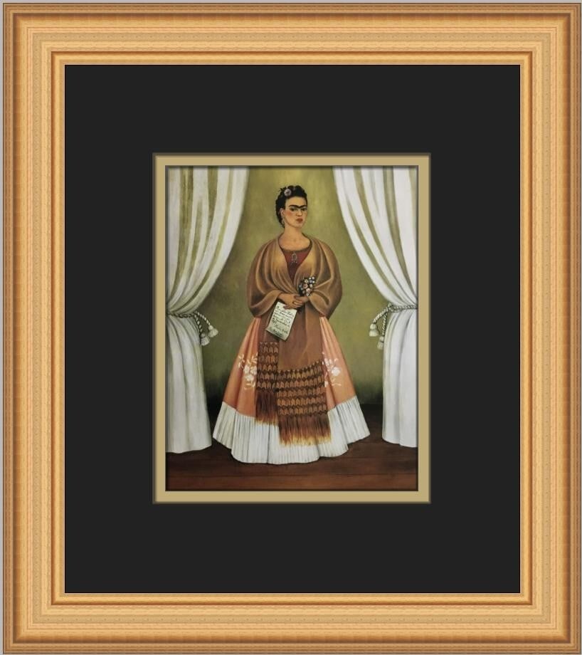 Frida Kahlo Between The Curtains Custom Framed Art Print 2009 Surrealism: Frida Kahlo Between The Curtains Custom Framed Art Print 2009 Surrealism This custom framed print features the iconic artwork "Between The Curtains" by renowned artist Frida Kahlo. The piece is a medi