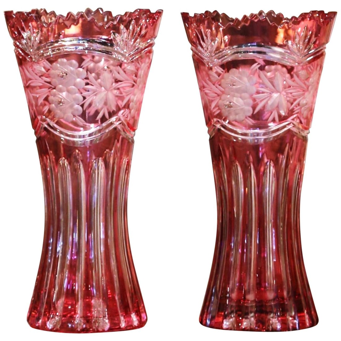 Set of Two French Cranberry Crystal Trumpet Vases in Saint Louis Manner: Set of Two French Cranberry Crystal Trumpet Vases in Saint Louis Manner This elegant pair of mid-century French trumpet vases is crafted from cranberry cut crystal in the style of Saint Louis. Dating