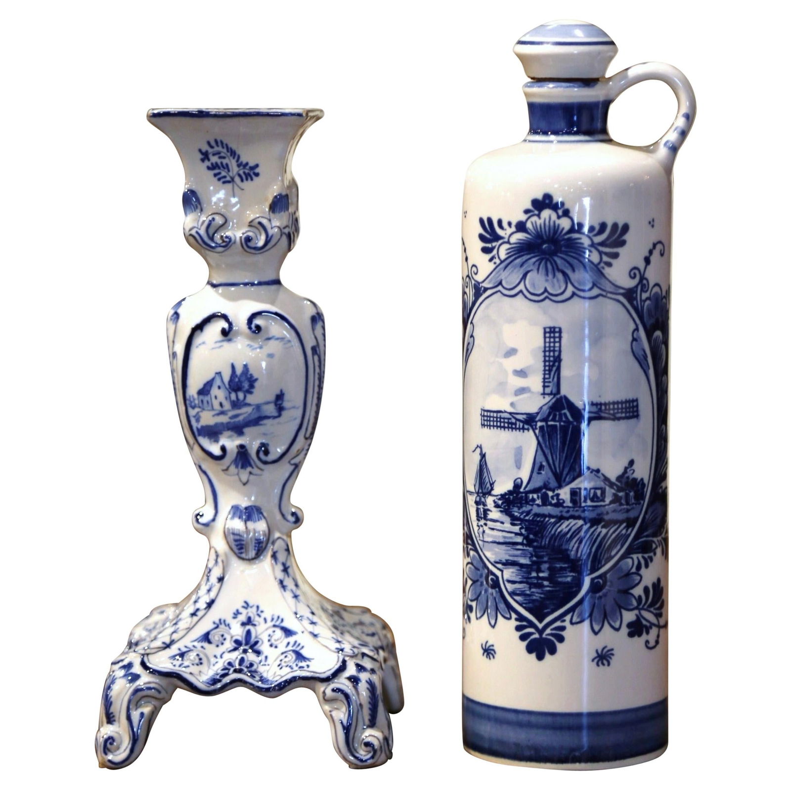 Set of 2 Dutch Delft Blue and White Olive Oil Bottle Candle Holder: Set of 2 Dutch Delft Blue and White Olive Oil Bottle Candle Holder Enhance your home decor with this exquisite set of Dutch Blue and White Painted Faience Delft pieces, featuring a beautifully crafted