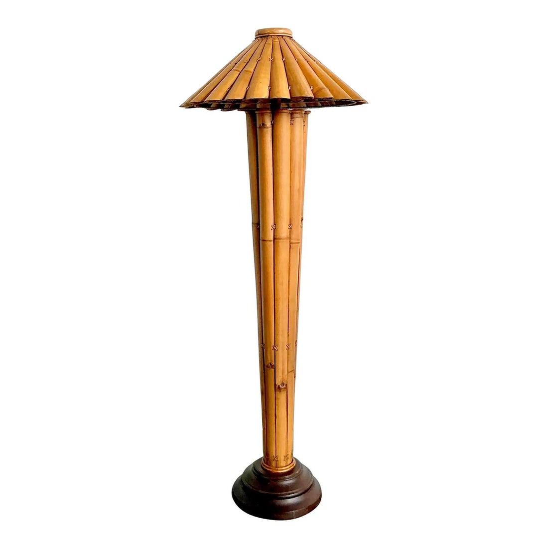 1970s Split Bamboo Tapered Floor Lamp With Conical Shade And Wood Base: 1970s Split Bamboo Tapered Floor Lamp With Conical Shade And Wood Base This vintage floor lamp showcases organic design with a distinct 1970s Boho Chic and Tiki-inspired style. Expertly handcrafted fr