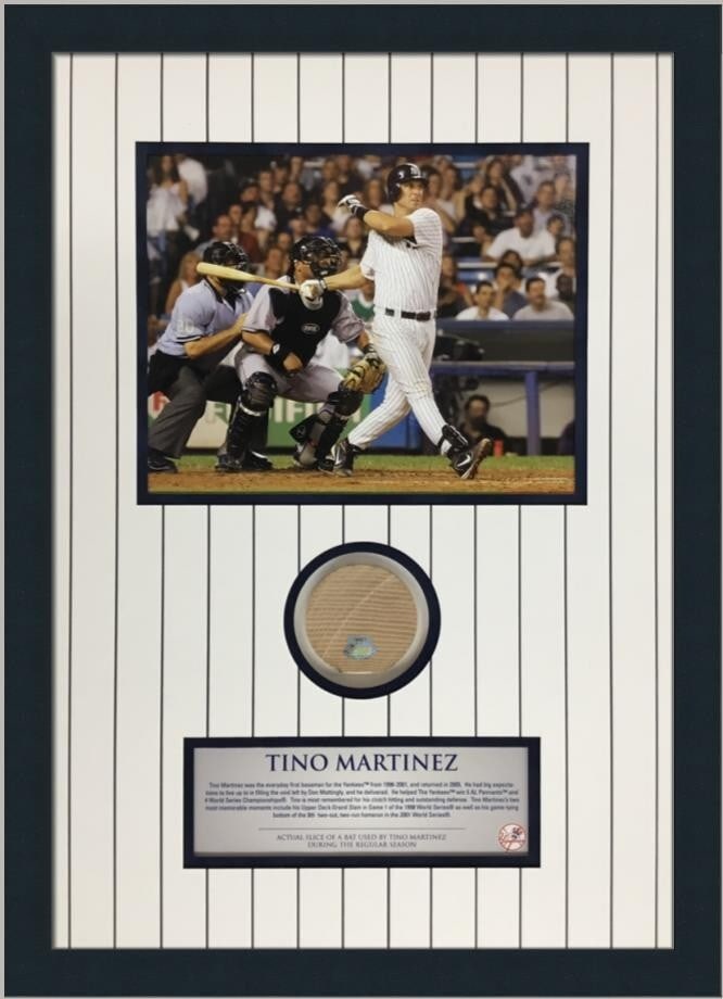 Tino Martinez NY Yankees Game Used Bat Slice Custom Frame Steiner Authenticated: Tino Martinez NY Yankees Game Used Bat Slice Custom Frame Steiner Authenticated Celebrate the legacy of Tino Martinez with this unique piece of baseball memorabilia. This custom-framed display feature