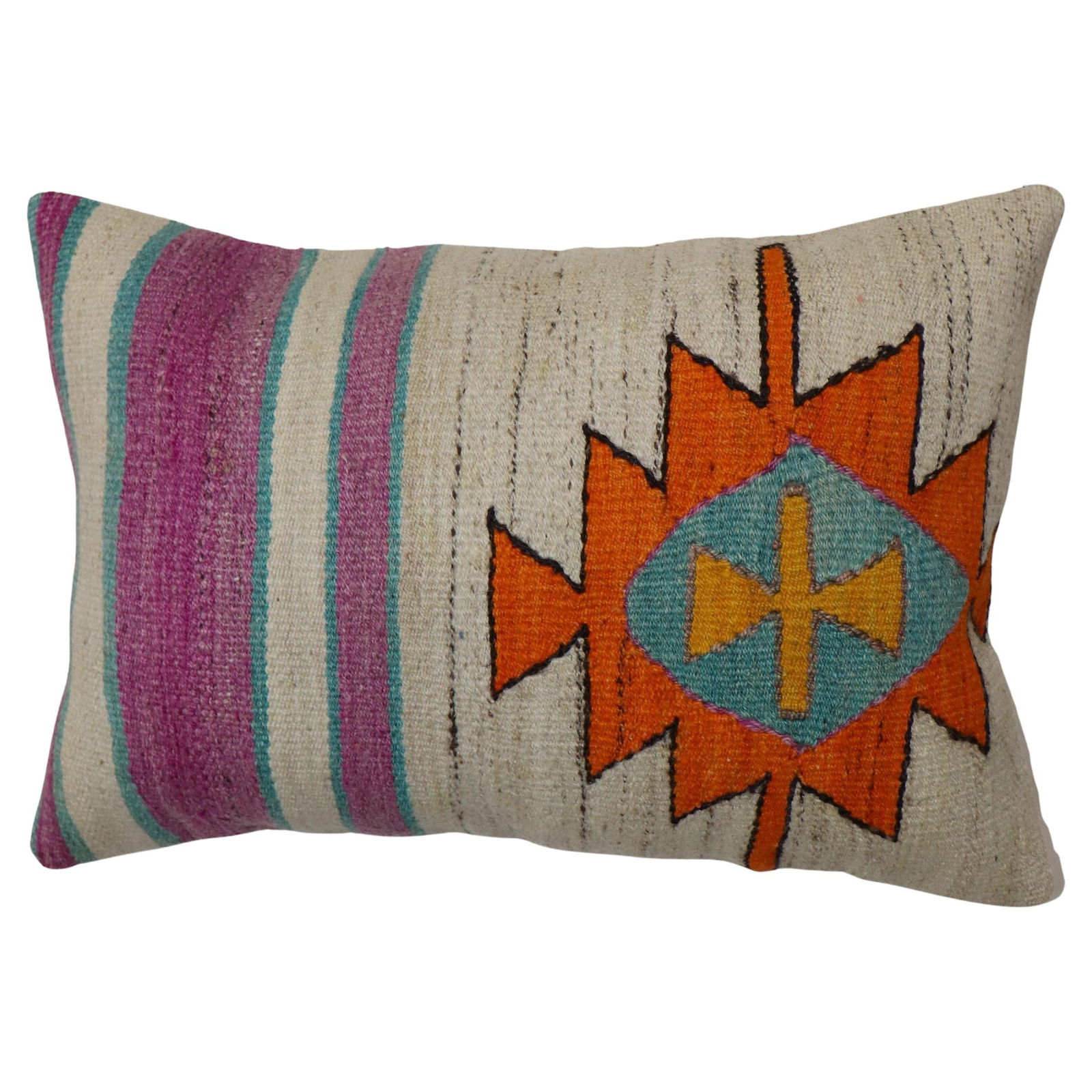 Modern Turkish Kilim Pillow White Orange Medallion 16 x 23: Modern Turkish Kilim Pillow White Orange Medallion 16 x 23 Add a touch of cultural elegance to your space with this Tribal Kilim Turkish Rug Pillow. Crafted from a blend of cotton, foam, and wool, thi