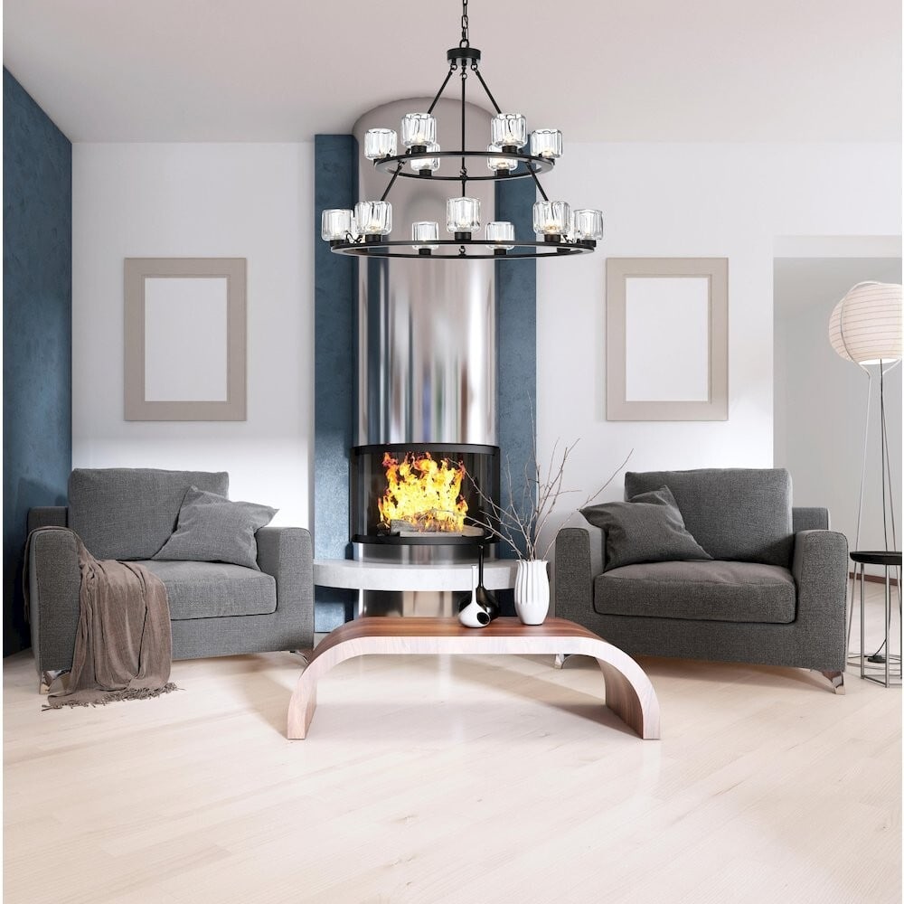 15-Light Black Metal Chandelier with Glass Shades for Dining or Living Room 36 Inch: 15-Light Black Metal Chandelier with Glass Shades for Dining or Living Room 36 Inch This large 15-light chandelier features a black metal frame with glass shades, combining farmhouse style with modern