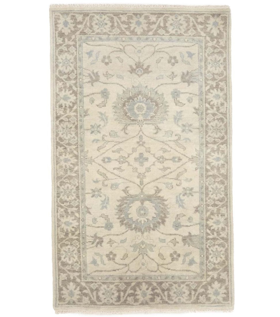 Hand-Knotted Wool 3'1 x 5'1 Chobi Floral Area Rug in Muted Ivory Tones: Hand-Knotted Wool 3'1 x 5'1 Chobi Floral Area Rug in Muted Ivory Tones This hand-knotted Chobi area rug features a muted ivory floral design with accents of sky blue and taupe. Crafted from wool, it c