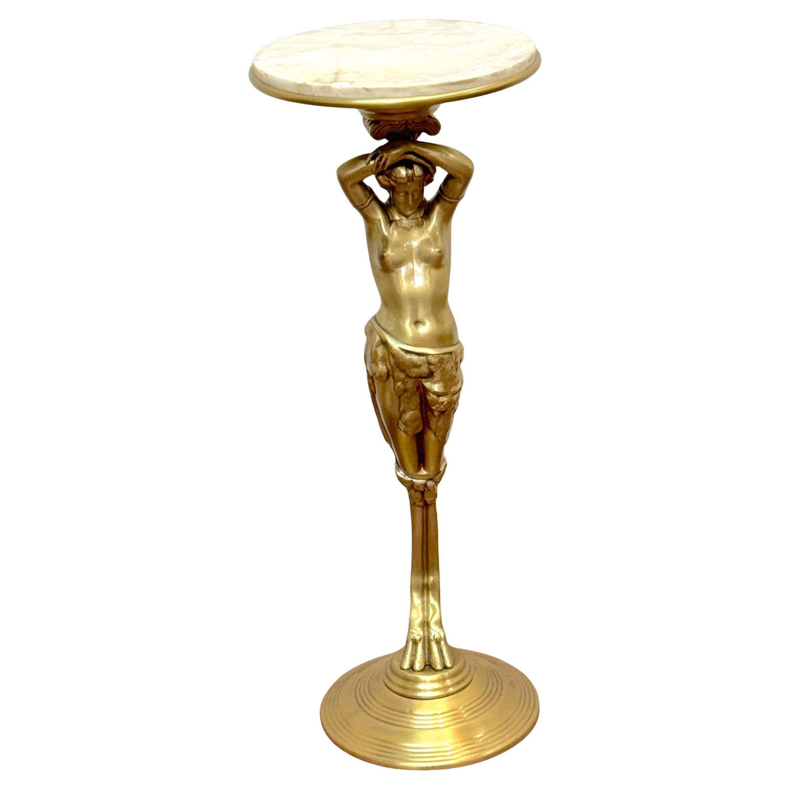 Belle Epoque Satyress Caryatid Pedestal Gilt Brass and Onyx France c1900: Belle Epoque Satyress Caryatid Pedestal Gilt Brass and Onyx France c1900 This French Belle Epoque pedestal from the early 1900s is crafted from gilt brass and features a removable polished onyx top. T