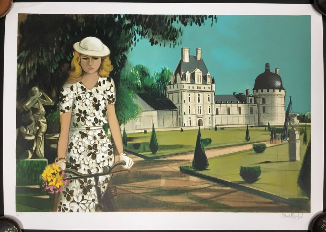Robert Vernet Bonfort Woman with Bicycle Signed Limited Edition Lithograph: Robert Vernet Bonfort Woman with Bicycle Signed Limited Edition Lithograph Discover the captivating lithograph titled 'Woman with Bicycle' by artist Robert Vernet Bonfort. This original, limited editi