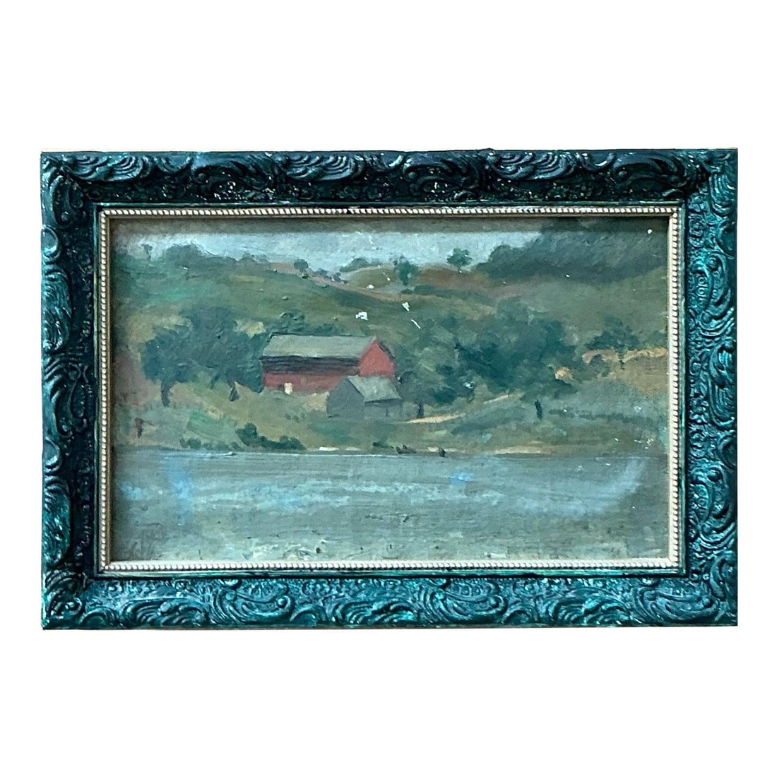Miniature Landscape Oil Painting With Red Barn in Ornate Teal Giltwood Frame: Miniature Landscape Oil Painting With Red Barn in Ornate Teal Giltwood Frame This vintage miniature oil painting captures a serene agrarian landscape with a red barn set among rolling green hills and