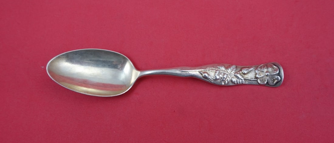 Sterling Silver Flora Teaspoon with Wild Rose by Shiebler 5 3/4 Inch: Sterling Silver Flora Teaspoon with Wild Rose by Shiebler 5 3/4 Inch This is a Shiebler Flora pattern sterling silver teaspoon featuring a wild rose motif. The teaspoon measures 5 3/4 inches in length