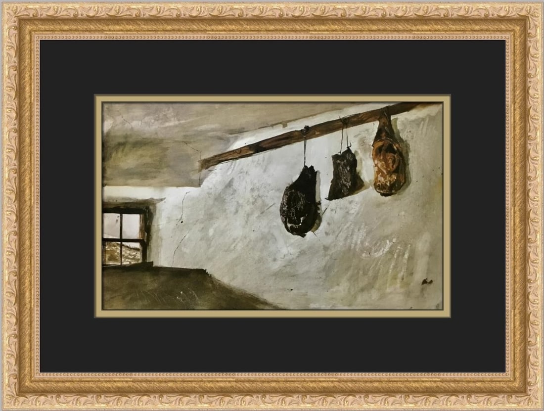 Andrew Wyeth Smoked Meat Custom Framed Print 1976 Art: Andrew Wyeth Smoked Meat Custom Framed Print 1976 Art This stunning custom framed print titled 'Smoked Meat' by renowned artist Andrew Wyeth showcases a beautiful landscape scene that evokes the essen