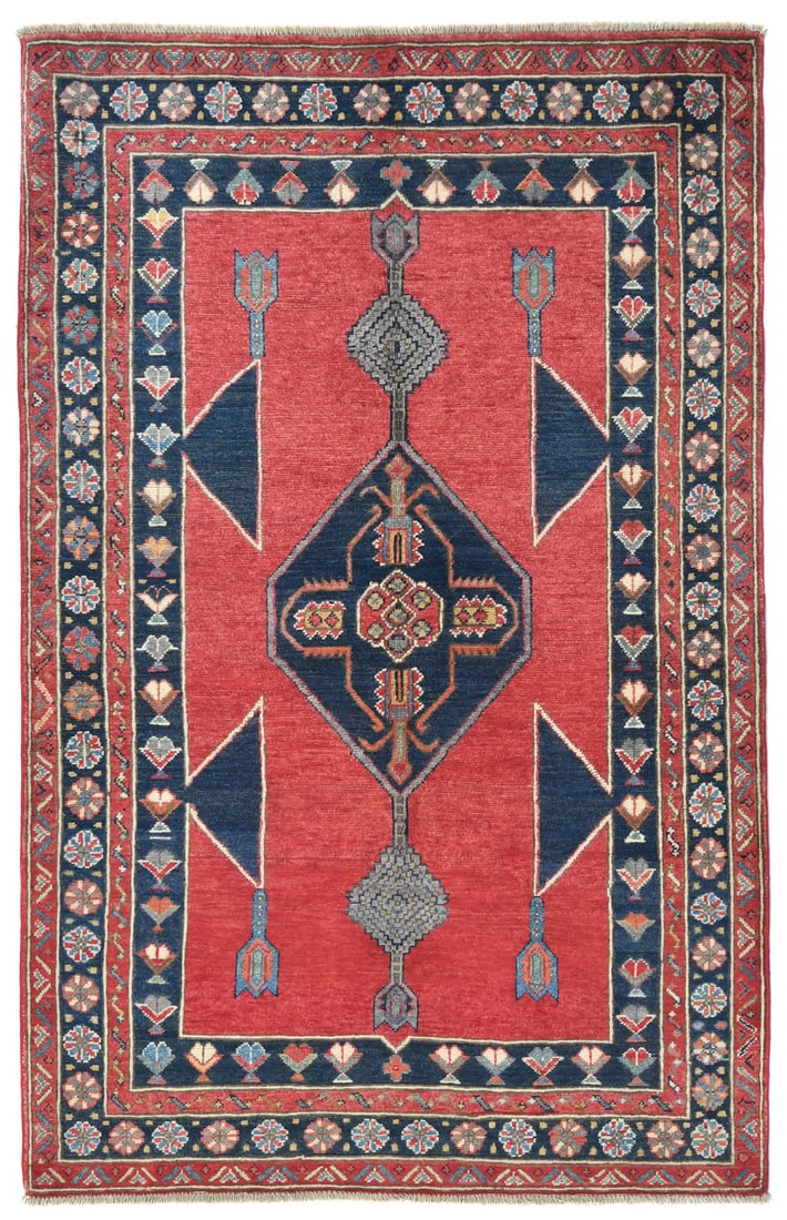 Hand-Knotted Red Kazak Oushak Rug 3'10 x 5'10 Modern Farmhouse Wool Carpet: Hand-Knotted Red Kazak Oushak Rug 3'10 x 5'10 Modern Farmhouse Wool Carpet Enhance your living space with this exquisite hand-knotted red Kazak Oushak rug, measuring 3'10" x 5'10". This modern farmhou