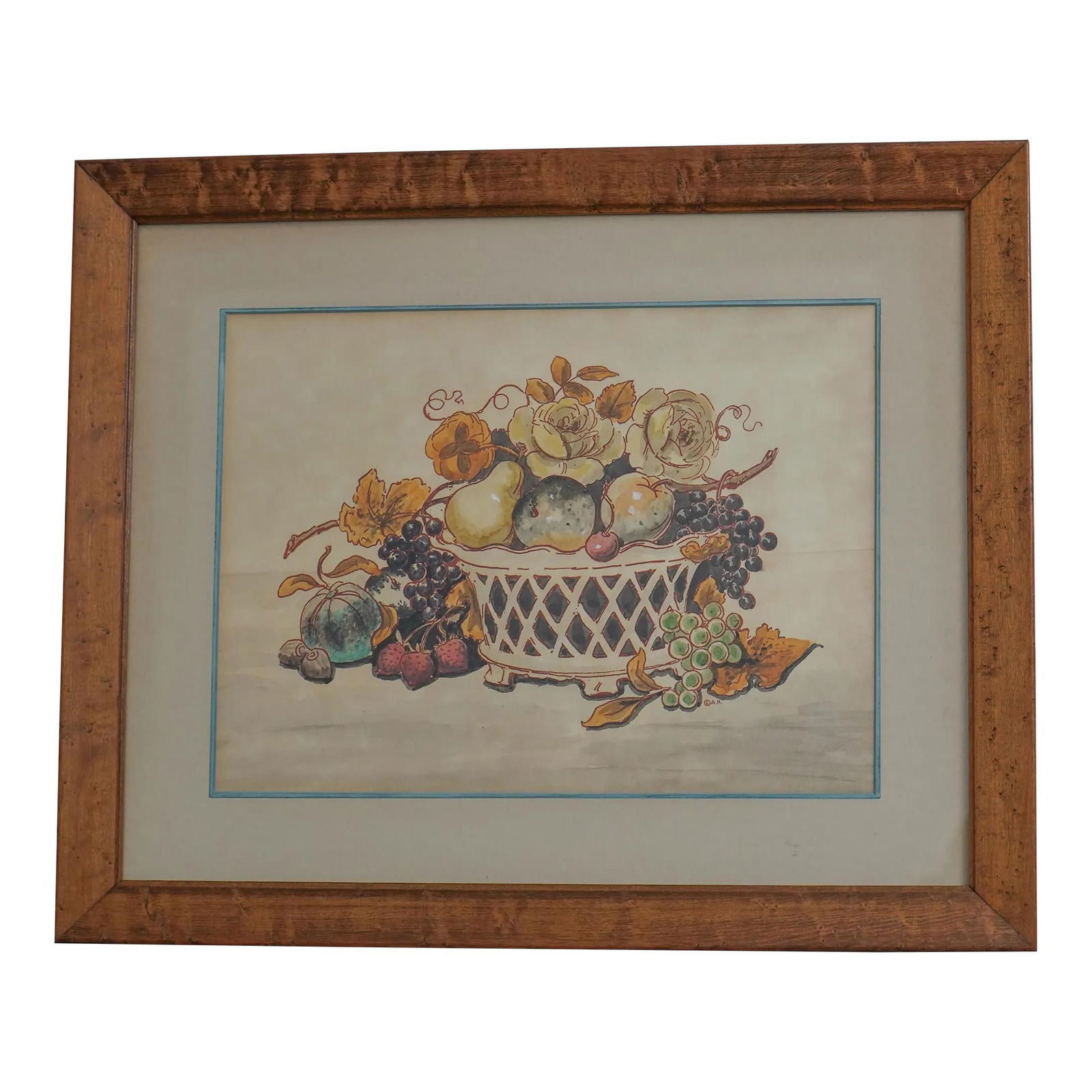 Antique Watercolor Fruit Basket Print in Maple Frame: Antique Watercolor Fruit Basket Print in Maple Frame This exquisite antique print features a beautifully rendered watercolor of a fruit basket, showcasing vibrant colors and intricate details. The art