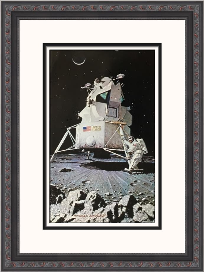Norman Rockwell Man's First Step On The Moon Custom Framed Lithograph Print: Norman Rockwell Man's First Step On The Moon Custom Framed Lithograph Print Celebrate a historic moment in space exploration with this stunning custom framed print of Norman Rockwell's 'Man's First St