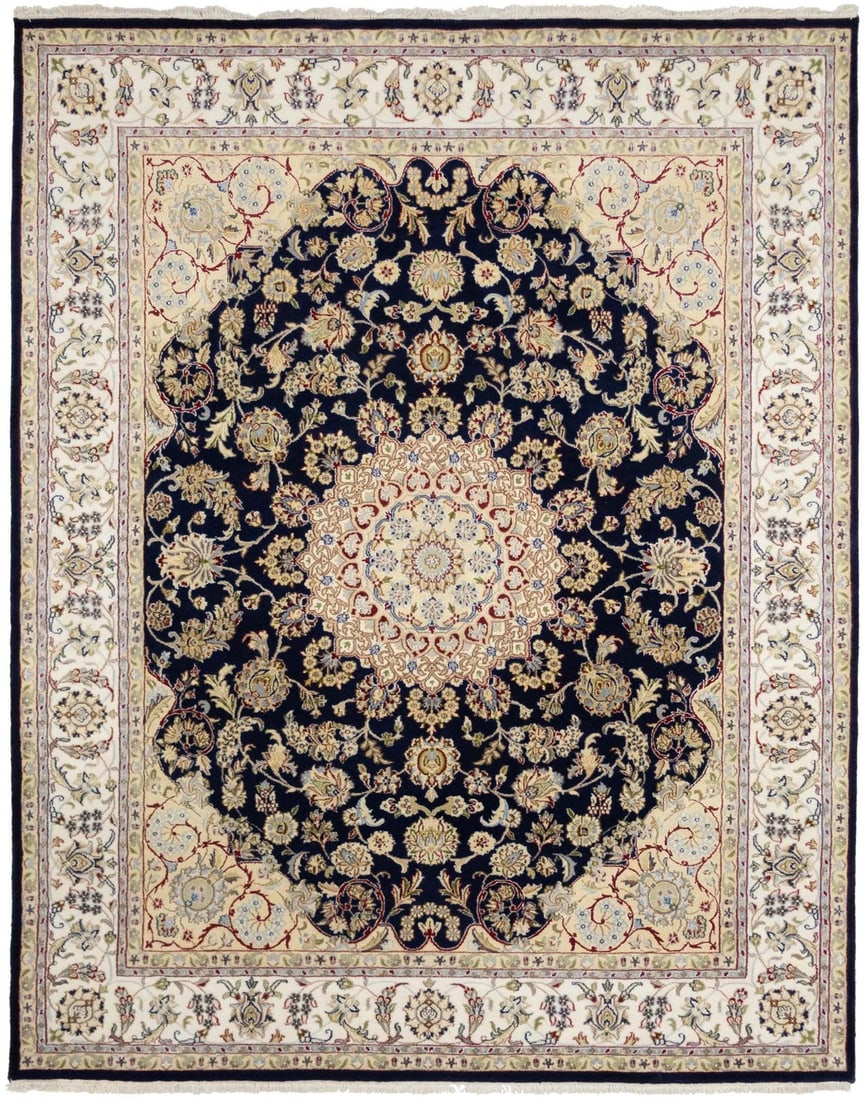 Handmade Dark Navy Floral Wool Silk Area Rug 6'1 x 8'9: Handmade Dark Navy Floral Wool Silk Area Rug 6'1 x 8'9 Enhance your living space with this exquisite handmade dark navy Indo-Nain oriental rug, featuring a beautiful floral design. Crafted from a luxu