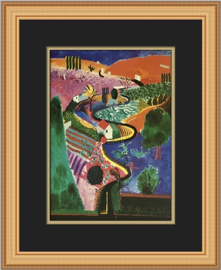 David Hockney Nichols Canyon Custom Framed Art Print 1988: David Hockney Nichols Canyon Custom Framed Art Print 1988 This stunning custom framed print features David Hockney's iconic artwork titled 'Nichols Canyon,' produced in 1988. This piece showcases Hock