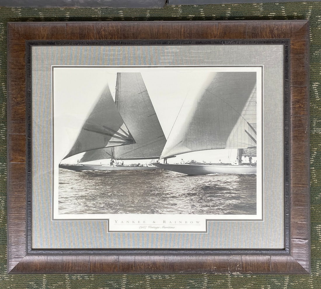 Yankee and Rainbow Nautical Print Custom Framed Americana Artwork: Yankee and Rainbow Nautical Print Custom Framed Americana Artwork This stunning nautical print titled 'Yankee and Rainbow Nautical' captures the essence of maritime culture. The artwork is a lithograp