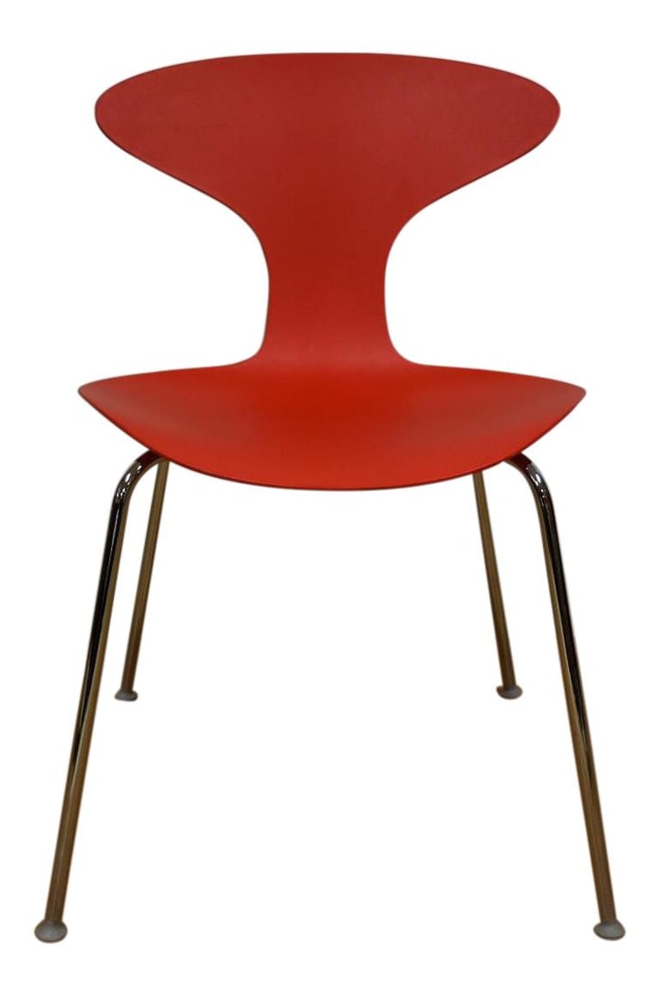 Bernhardt Mid Century Modern Red Desk Chair with Chrome Legs: Bernhardt Mid Century Modern Red Desk Chair with Chrome Legs This mid-century modern style desk chair by Bernhardt Furniture features a sleek matte red plastic sculpted shell supported by durable chro