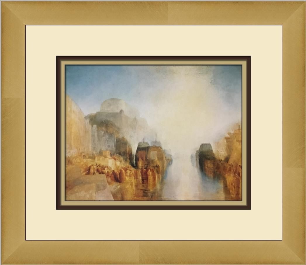 Joseph Mallord William Turner Framed Print A Harbour with a Town and Fortress: Joseph Mallord William Turner Framed Print A Harbour with a Town and Fortress This exquisite custom framed print titled "A Harbour with a Town and Fortress" is an impressive work by renowned artist Jo