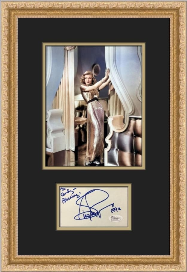 Ginger Rogers Signed 3 x 5 Cut Card Custom Framed Display JSA: Ginger Rogers Signed 3 x 5 Cut Card Custom Framed Display JSA This stunning display features a 3" x 5" cut signature card of the legendary Ginger Rogers, inscribed "To Andy Blessings." The custom fram