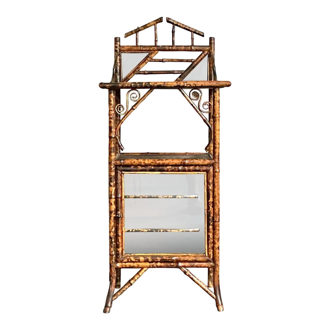 Tall Burnt Bamboo and Rattan Multi-Tiered Cabinet with Black Lacquer Shelves: Tall Burnt Bamboo and Rattan Multi-Tiered Cabinet with Black Lacquer Shelves This vintage tall cabinet is a striking example of Mid-Century Tropical design, crafted from genuine burnt bamboo with rich