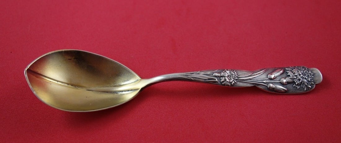Shiebler Flora Sterling Silver Sugar Spoon Gold Washed 5 3/4": Shiebler Flora Sterling Silver Sugar Spoon Gold Washed 5 3/4" This exquisite sugar spoon from the Flora pattern by Shiebler features a beautiful gold wash over sterling silver, measuring 5 3/4" in len