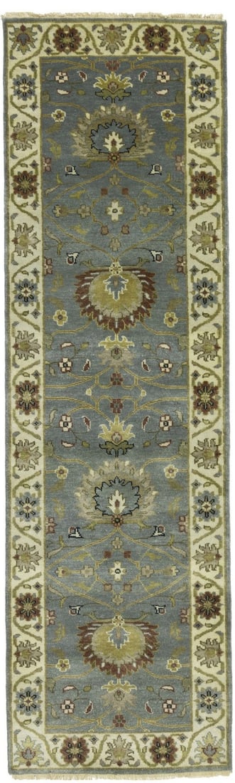 Hand-Knotted Wool Runner Rug 2'6 x 7'11 Floral Modern Peshawar Design: Hand-Knotted Wool Runner Rug 2'6 x 7'11 Floral Modern Peshawar Design This is a hand-knotted runner rug featuring a floral pattern in blue-gray, cream, rusty red, tan, dark teal, and gold tones. Made