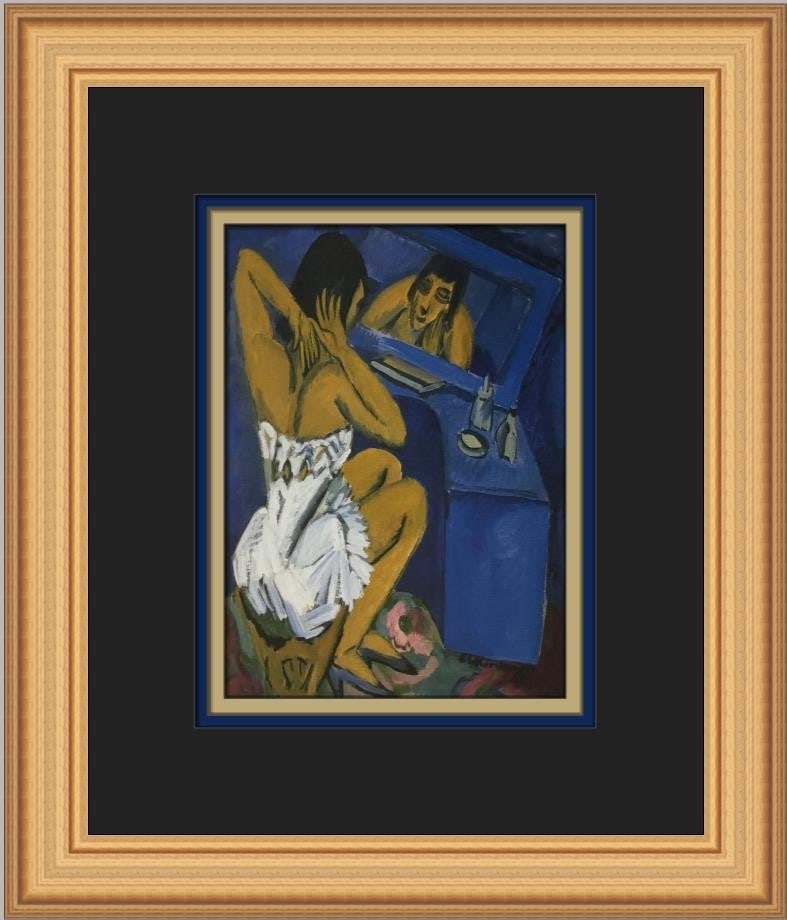 Ernst Ludwig Kirchner Women in front of a Mirror Custom Framed Print: Ernst Ludwig Kirchner Women in front of a Mirror Custom Framed Print This striking custom framed print titled "Women in front of a Mirror" by Ernst Ludwig Kirchner showcases a captivating expressionis
