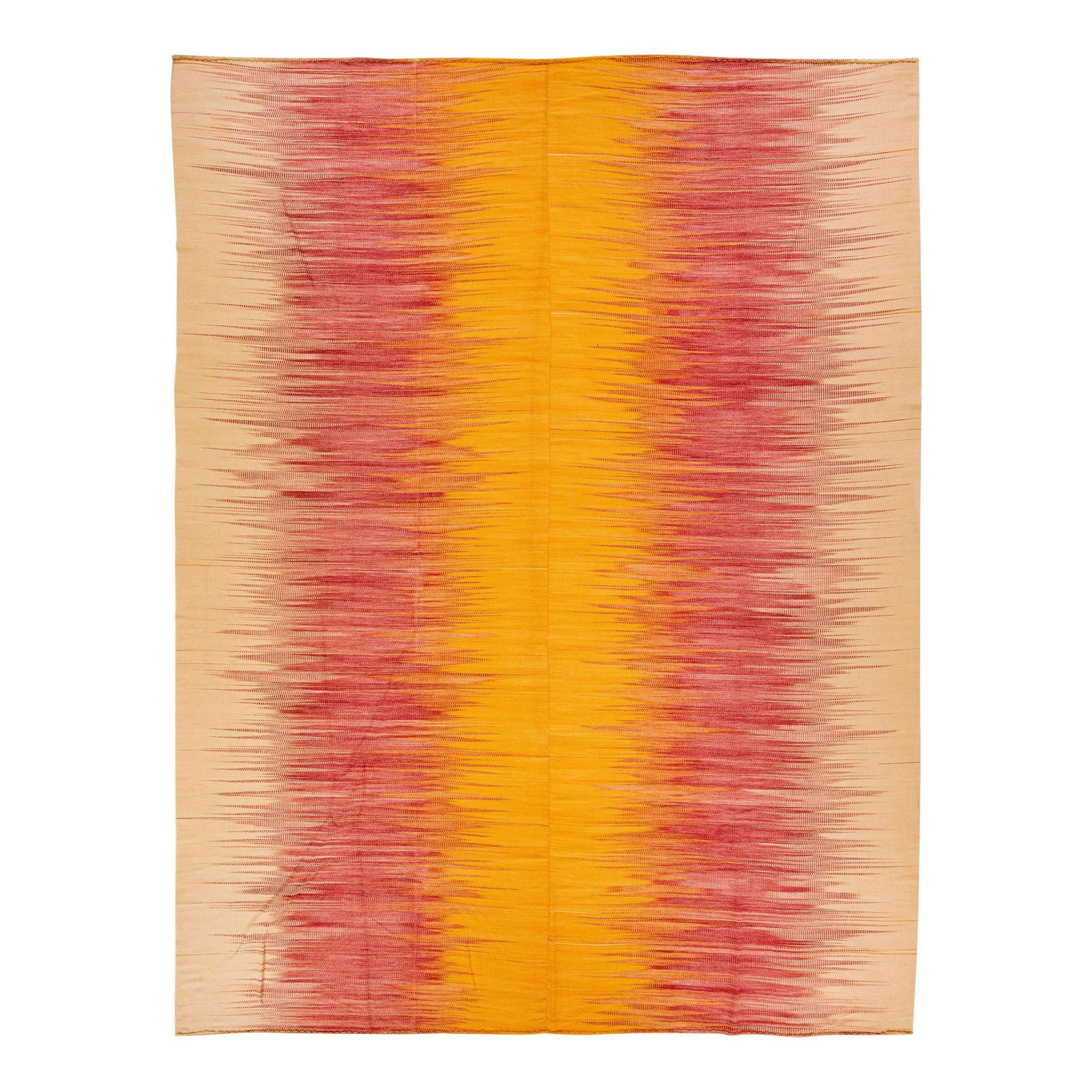 Oversized Orange Kilim Flatweave Wool Rug Abstract Design 12' x 15'9: Oversized Orange Kilim Flatweave Wool Rug Abstract Design 12' x 15'9 Discover the beauty of this modern Kilim flatweave wool rug, featuring a vibrant orange field complemented by striking red and tan