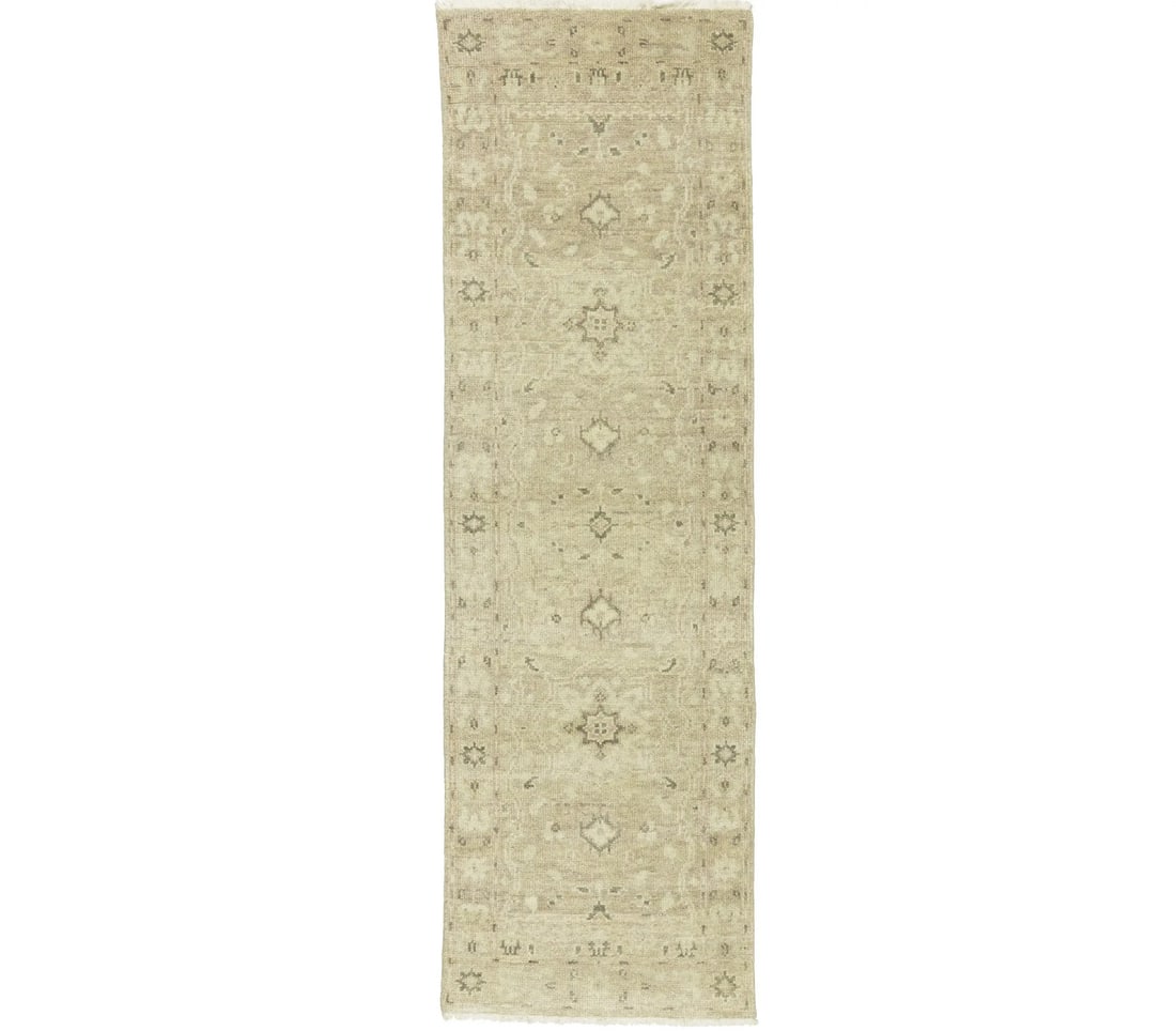 Muted Floral Hand-Knotted Wool Runner Rug 2'6 x 8'2 Transitional Style: Muted Floral Hand-Knotted Wool Runner Rug 2'6 x 8'2 Transitional Style Enhance your space with this elegant Muted Floral Transitional Oriental Runner Rug, perfect for hallways or kitchens. Measuring 2