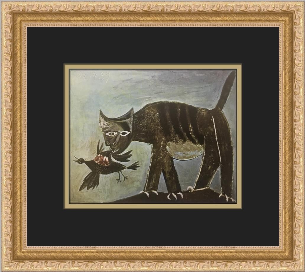 Pablo Picasso Cat and Bird Custom Framed Print 1977 Abstract Expressionism: Pablo Picasso Cat and Bird Custom Framed Print 1977 Abstract Expressionism Enhance your art collection with this custom framed print titled "Cat and Bird" by the renowned artist Pablo Picasso. Created