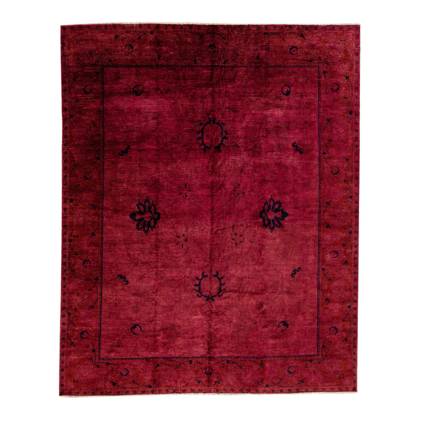 Handmade Transitional Wool Rug 12'1" x 14'5" Floral Design Red: Handmade Transitional Wool Rug 12'1" x 14'5" Floral Design Red Enhance your space with this stunning handmade Transitional wool rug featuring a vibrant red field. The intricate floral motif, complemen