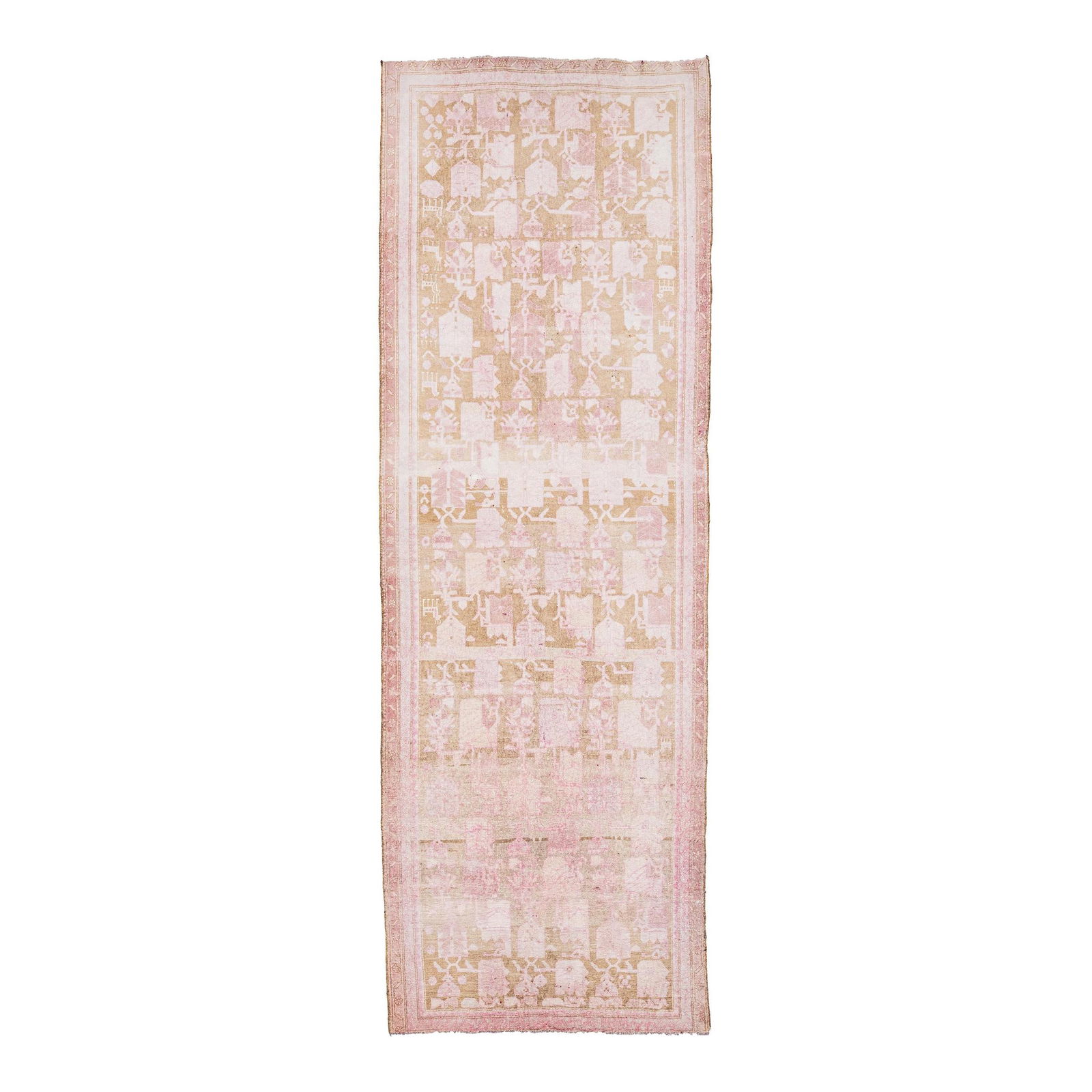 1960s Handmade Persian Wool Runner Geometric Design Brown and Pink: 1960s Handmade Persian Wool Runner Geometric Design Brown and Pink Explore the charm of this vintage Persian hand-knotted wool runner, featuring a rich brown field complemented by a pink frame and bei