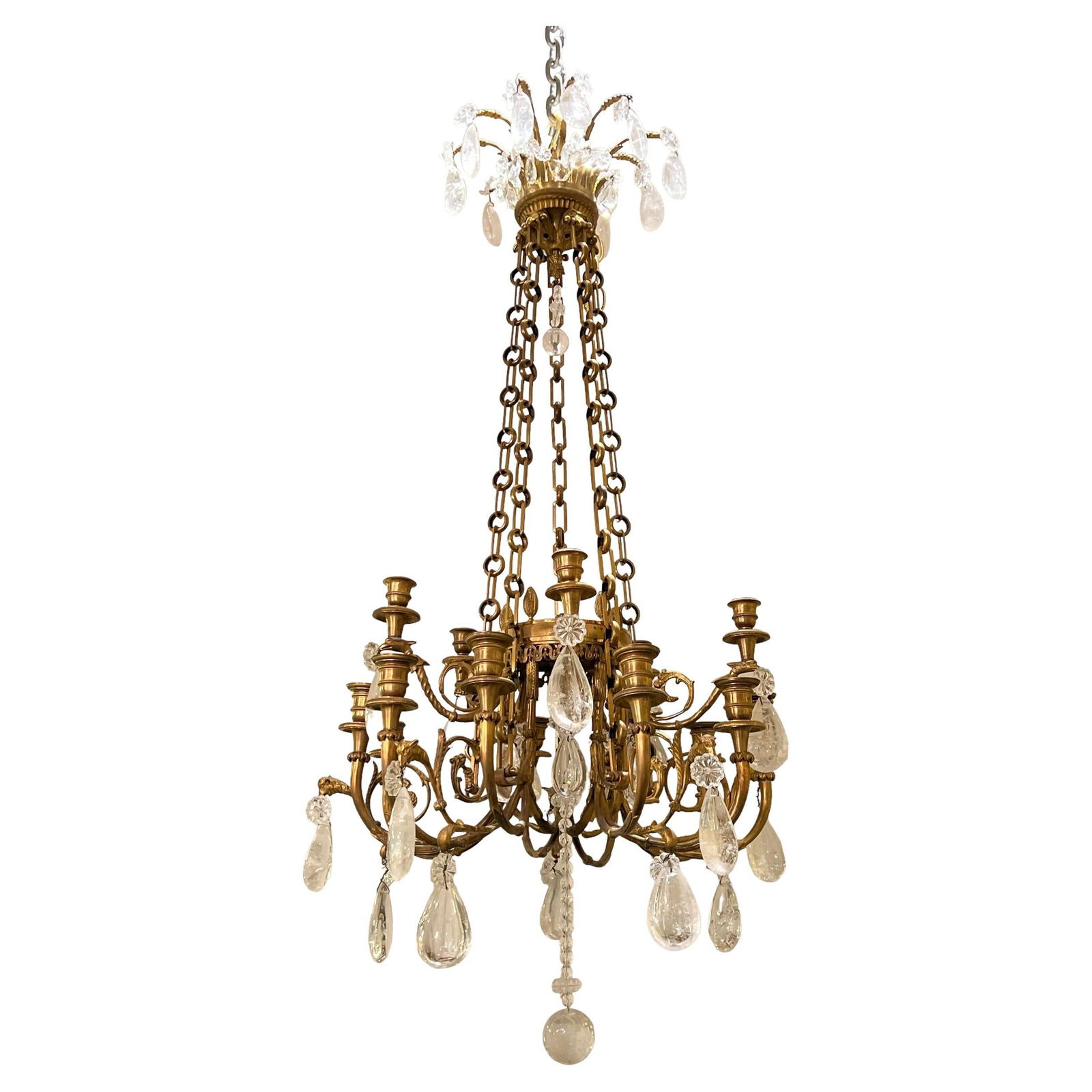 French Louis XVI Gilt Bronze and Rock Crystal 12-Arm Chandelier c1900: French Louis XVI Gilt Bronze and Rock Crystal 12-Arm Chandelier c1900 This late 19th-century French chandelier is crafted in the Louis XVI style, featuring finely cast gilt bronze with 12 candle arms.