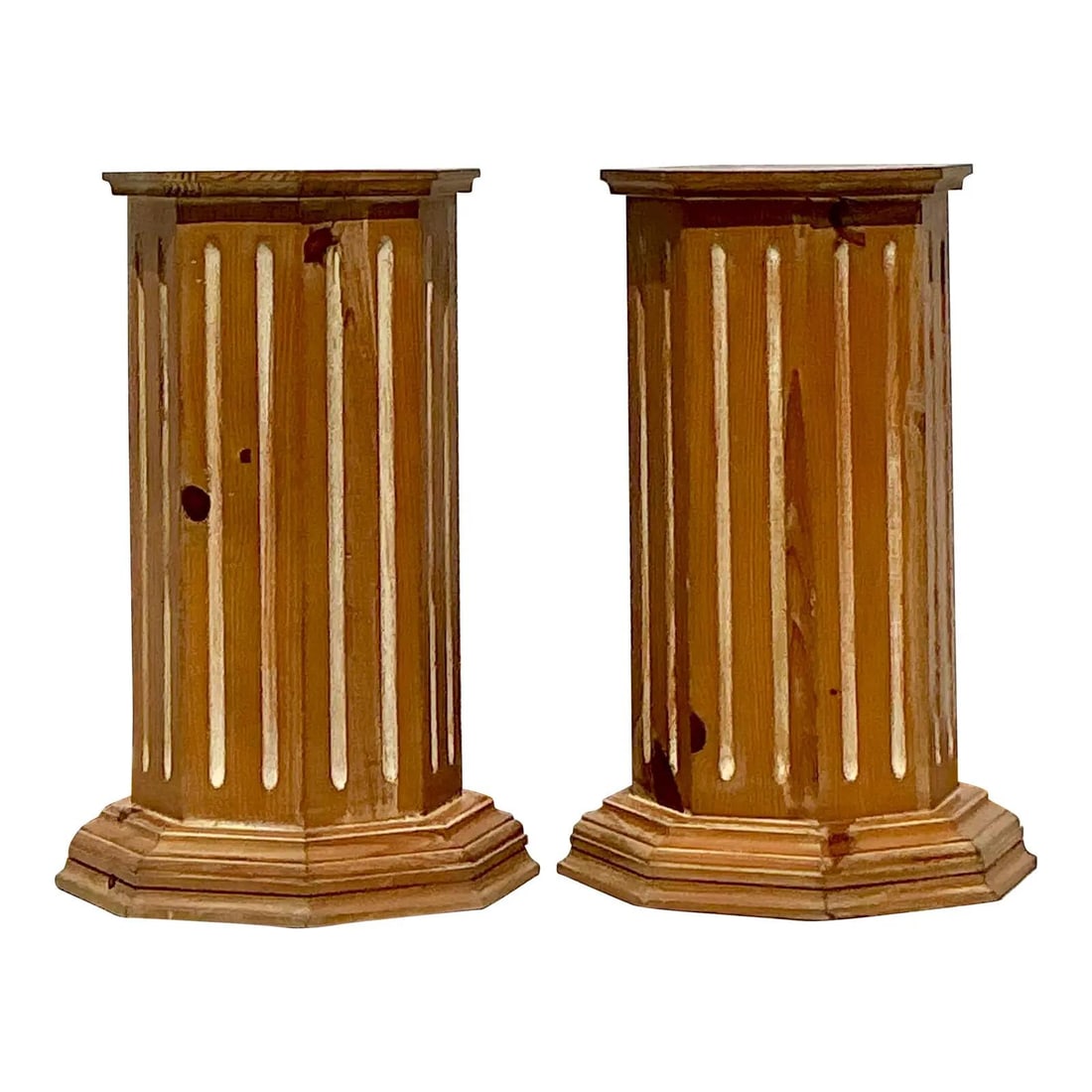 Vintage Knotty Pine Column Pedestals Set of 2 Rustic Charm: Vintage Knotty Pine Column Pedestals Set of 2 Rustic Charm Elevate your home decor with this exquisite set of two Vintage Knotty Pine Column Pedestals. Crafted from warm knotty pine, each pedestal fea