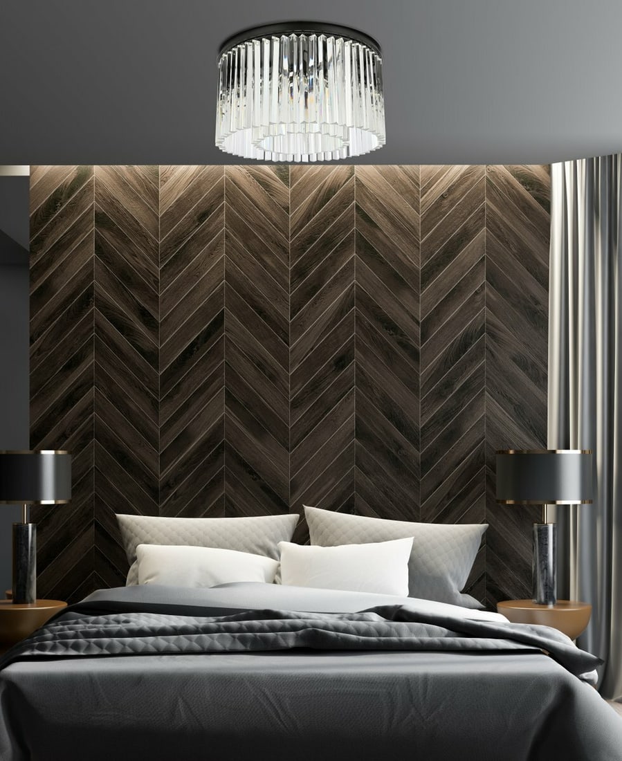 Sydney 8 Light Matte Black Flush Mount Crystal Chandelier 26 Inch Round: Sydney 8 Light Matte Black Flush Mount Crystal Chandelier 26 Inch Round This contemporary flush mount chandelier features a matte black finish and royal cut clear crystals, offering a sleek and modern