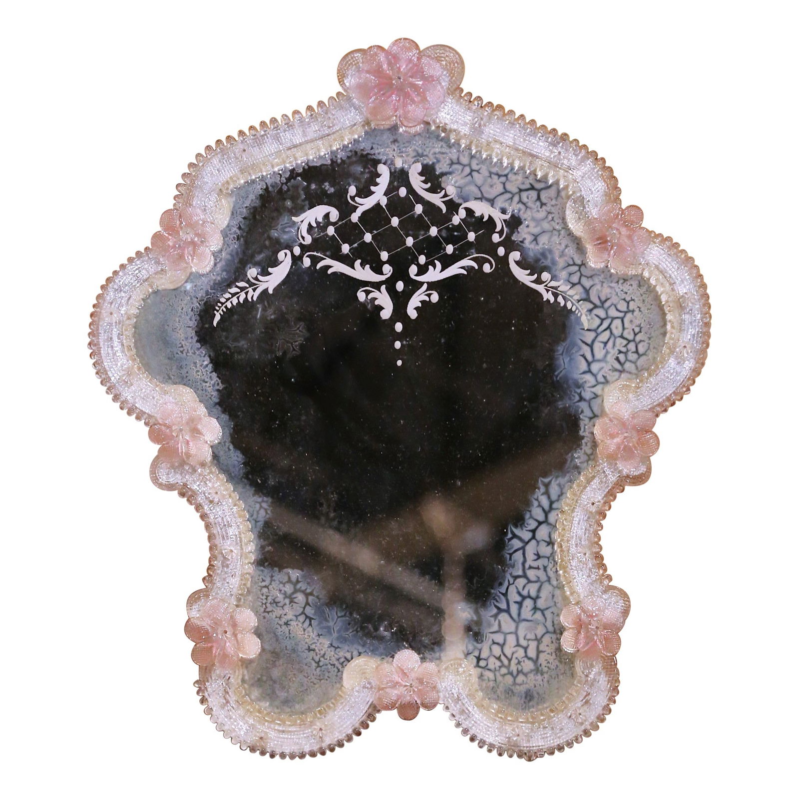 Italian Murano Glass Table Mirror with Handcrafted Floral Frame circa 1960: Italian Murano Glass Table Mirror with Handcrafted Floral Frame circa 1960 This mid-century Murano glass vanity mirror from Italy, crafted circa 1960, exemplifies the artistry of Venetian glasswork. T