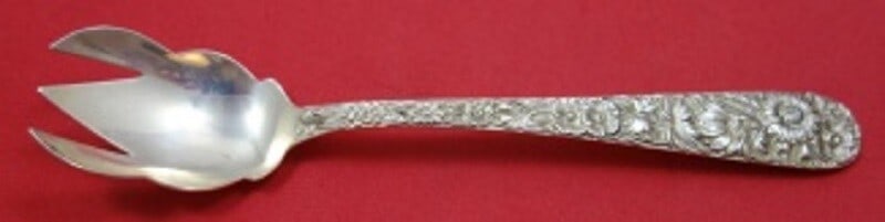Kirk Repousse Sterling Silver Ice Cream Fork 5 5/8 Inch Scalloped: Kirk Repousse Sterling Silver Ice Cream Fork 5 5/8 Inch Scalloped This exquisite ice cream fork from the renowned Kirk brand showcases the elegant Repousse pattern. Crafted from high-quality sterling