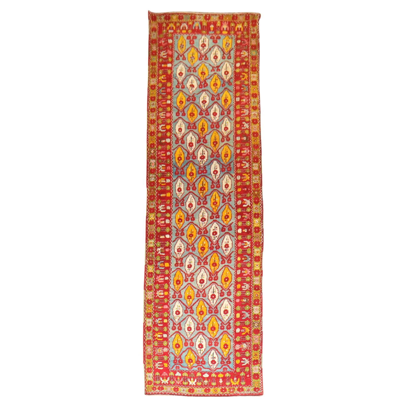 Antique Turkish Milas Runner Wool Hand-Woven 3'7" x 13'6": Antique Turkish Milas Runner Wool Hand-Woven 3'7" x 13'6" This exquisite antique Turkish Milas runner is a stunning addition to any space. Hand-woven from high-quality wool, it features a vibrant Cari