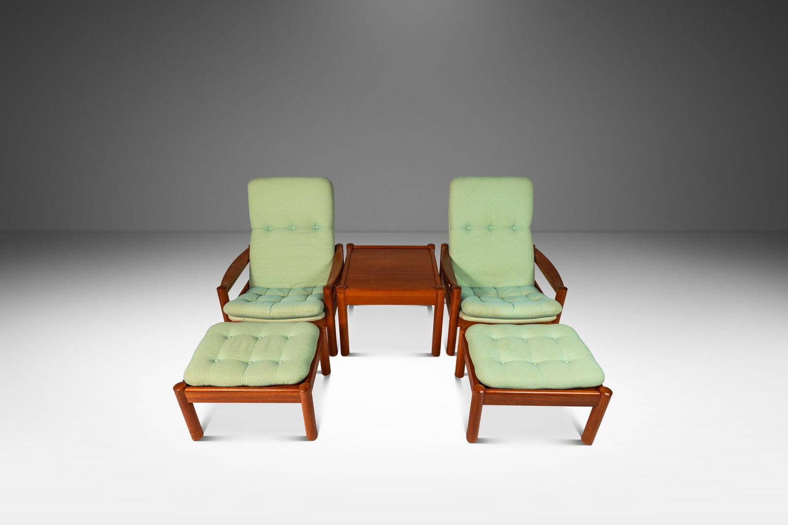 Danish Mid-Century Modern Lounge Chairs Ottomans Side Table Teak by Domino Mobler 1970s: Danish Mid-Century Modern Lounge Chairs Ottomans Side Table Teak by Domino Mobler 1970s Introducing a stunning set of two Danish Mid-Century Modern lounge chairs with matching ottomans and a side tabl