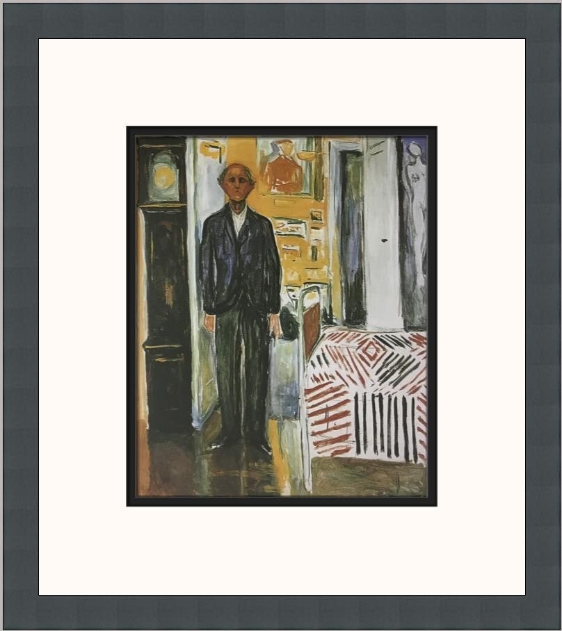 Edvard Munch Self-Portrait Between Clock and Bed Framed Print: Edvard Munch Self-Portrait Between Clock and Bed Framed Print Presenting a stunning custom framed print of Edvard Munch's iconic work, "Self-Portrait Between the Clock and Bed." This medium-sized piec