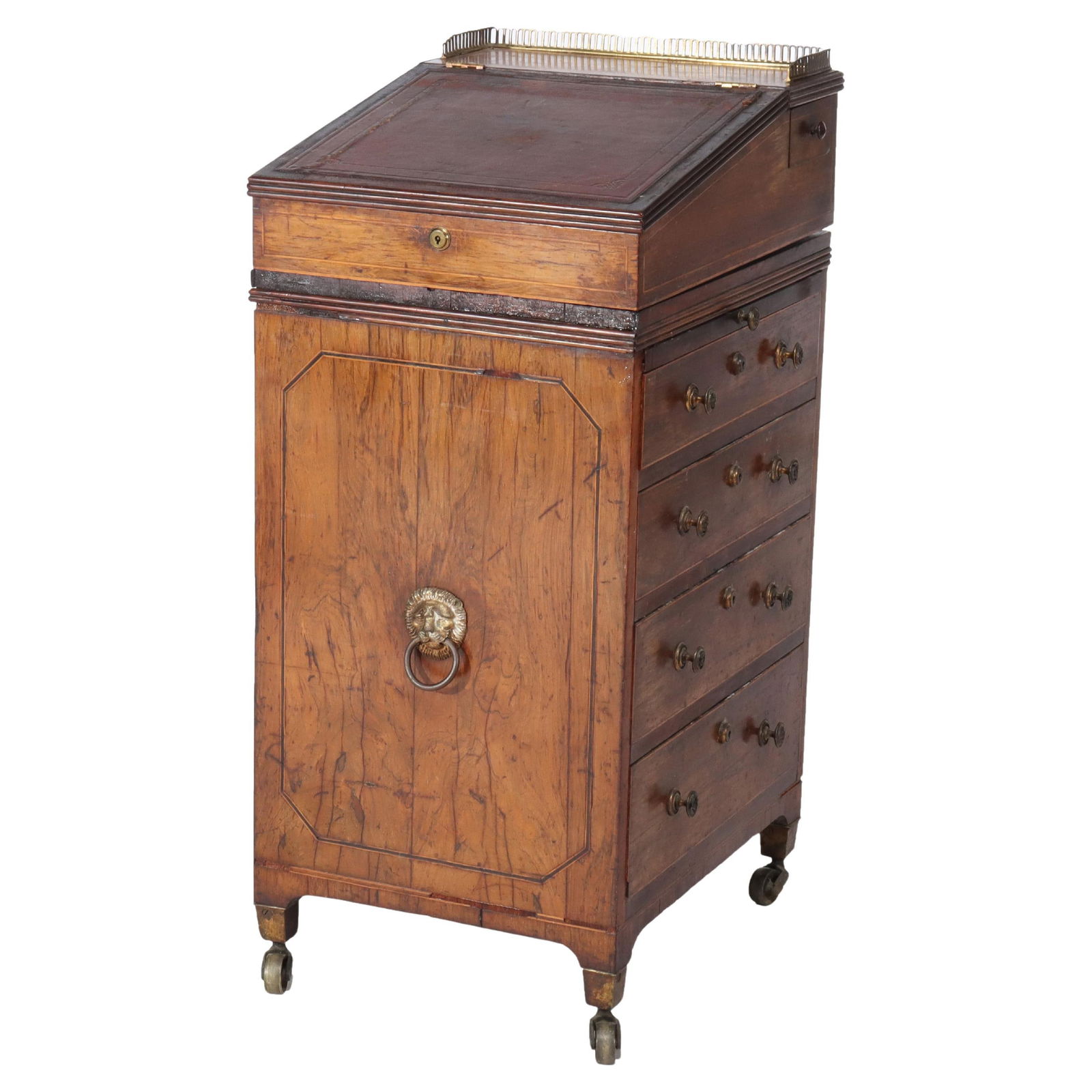 English Burl Davenport Desk with Four Drawers and Leather Writing Surface c1880: English Burl Davenport Desk with Four Drawers and Leather Writing Surface c1880 This antique English Davenport desk from circa 1880 features a beautifully figured burl wood construction with a rich pa