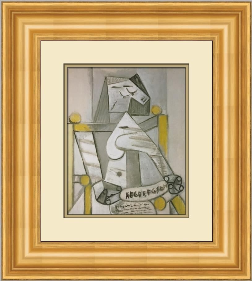 Pablo Picasso Seated Woman Framed Print 1985 Surrealism Art: Pablo Picasso Seated Woman Framed Print 1985 Surrealism Art This stunning custom framed print features Pablo Picasso's iconic artwork titled "Seated Woman with Spelling Book." The piece showcases a su