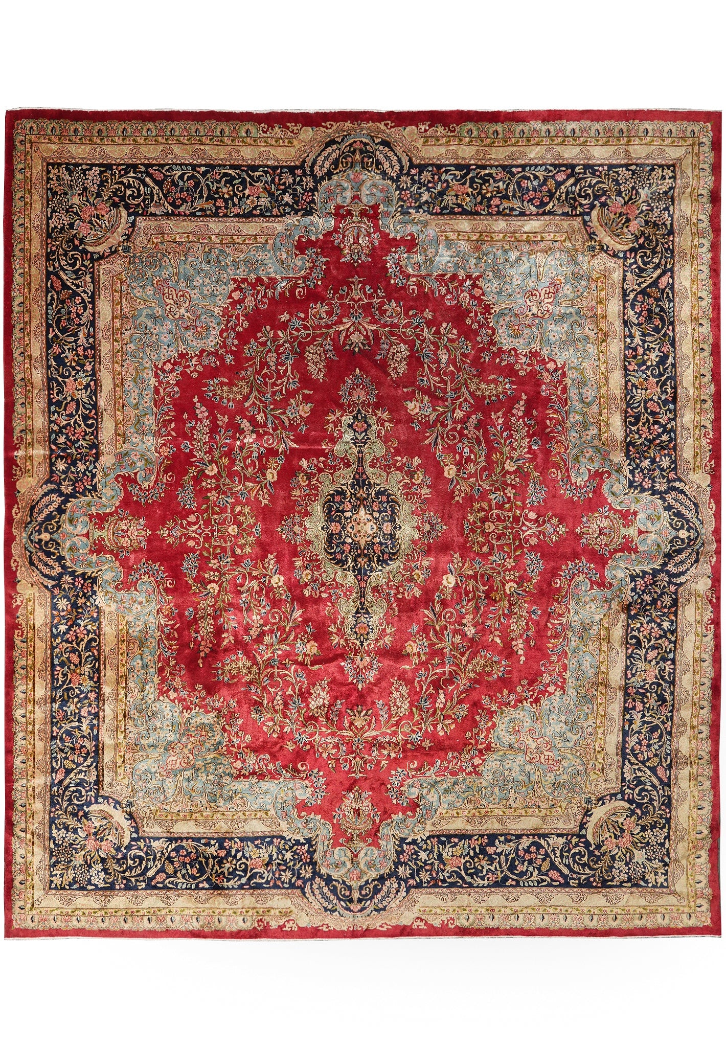 Authentic Persian Kerman Rug Hand Knotted Wool 12.10 x 14.10 Open Red Field: Authentic Persian Kerman Rug Hand Knotted Wool 12.10 x 14.10 Open Red Field Free continental US Shipping This authentic Persian Kerman rug is hand-knotted in Iran and features a spacious open red fiel